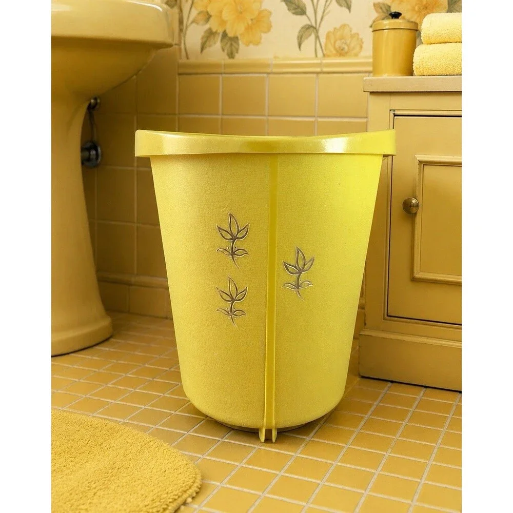 Vtg MCM Goldenrod Yellow Plastic Waste Basket Trash Can Floral 10in Round Accent